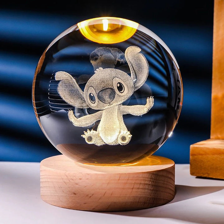3D Crystal Ball Night Light – Stitch & Pikachu Laser Carving with Wooden Base (6cm)