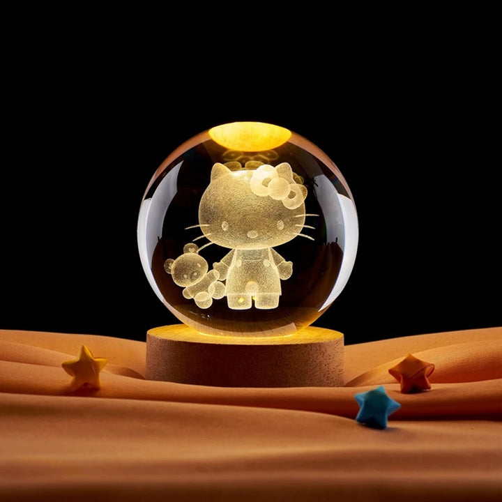 3D Crystal Ball Night Light – Stitch & Pikachu Laser Carving with Wooden Base (6cm)