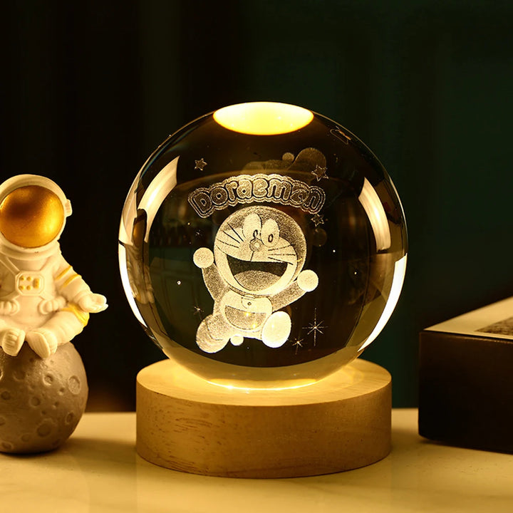 3D Crystal Ball Night Light – Stitch & Pikachu Laser Carving with Wooden Base (6cm)
