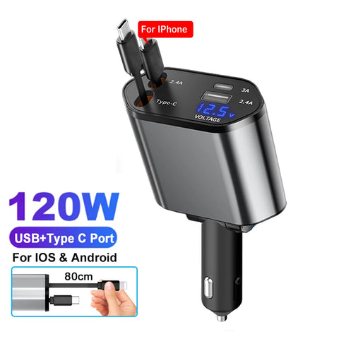 4-in-1 Car Phone Charger 120W – Retractable Cables with Volt Display