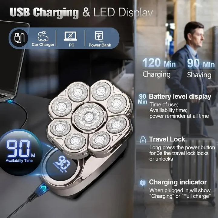 Waterproof 9D Head Shaver – IPX7 Rotary Electric Razor for Bald Men