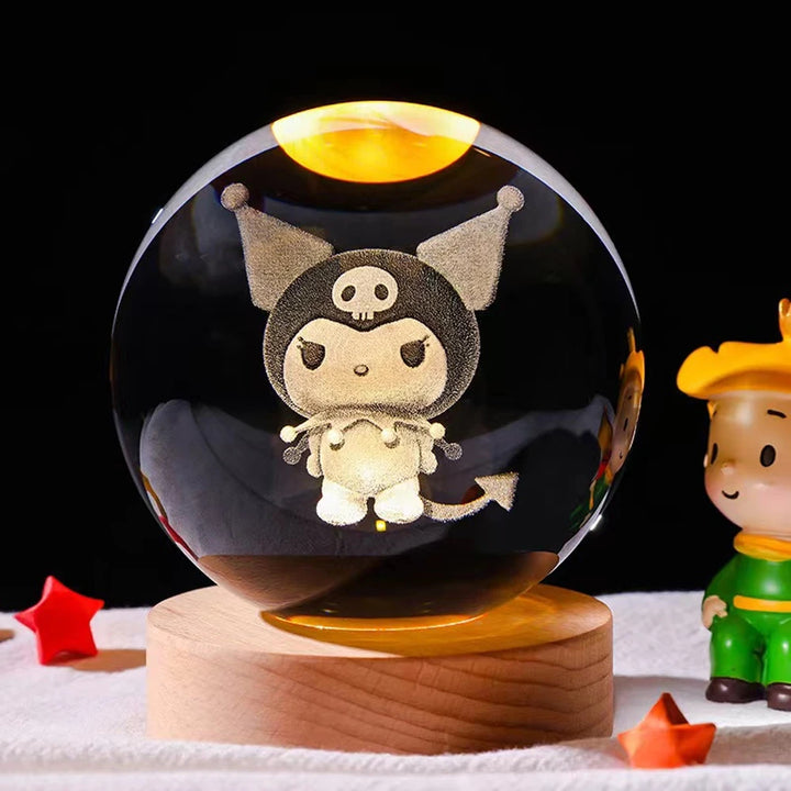 3D Crystal Ball Night Light – Stitch & Pikachu Laser Carving with Wooden Base (6cm)