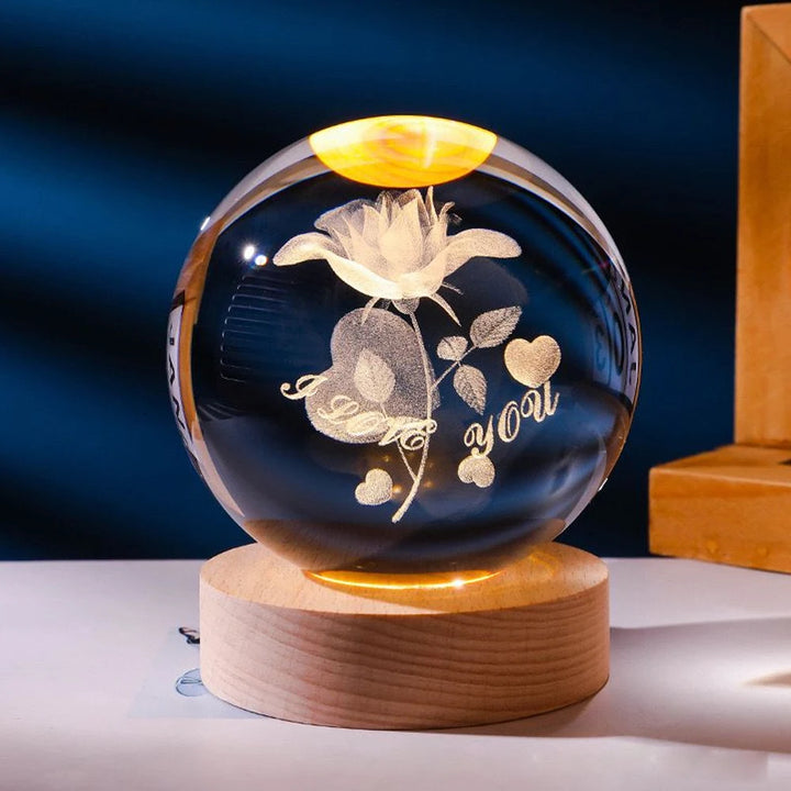 3D Crystal Ball Night Light – Stitch & Pikachu Laser Carving with Wooden Base (6cm)