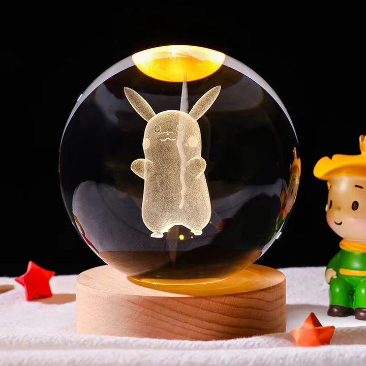 3D Crystal Ball Night Light – Stitch & Pikachu Laser Carving with Wooden Base (6cm)