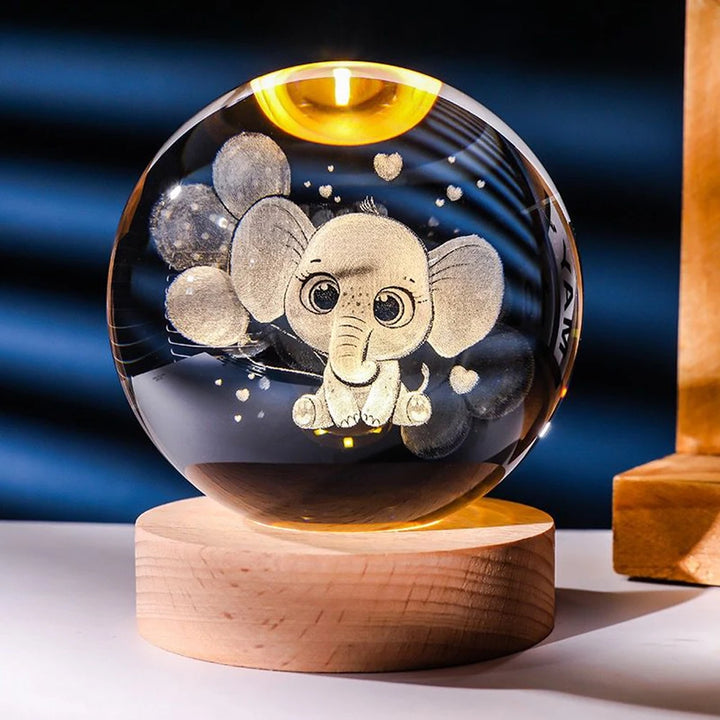 3D Crystal Ball Night Light – Stitch & Pikachu Laser Carving with Wooden Base (6cm)