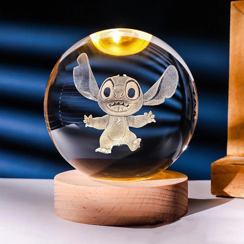3D Crystal Ball Night Light – Stitch & Pikachu Laser Carving with Wooden Base (6cm)
